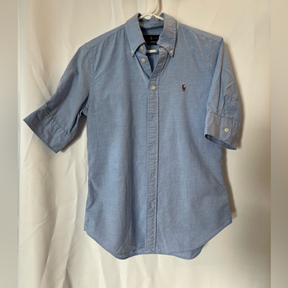 Ralph Lauren ladies blue Oxford with 3/4 button sleeves, slim fit